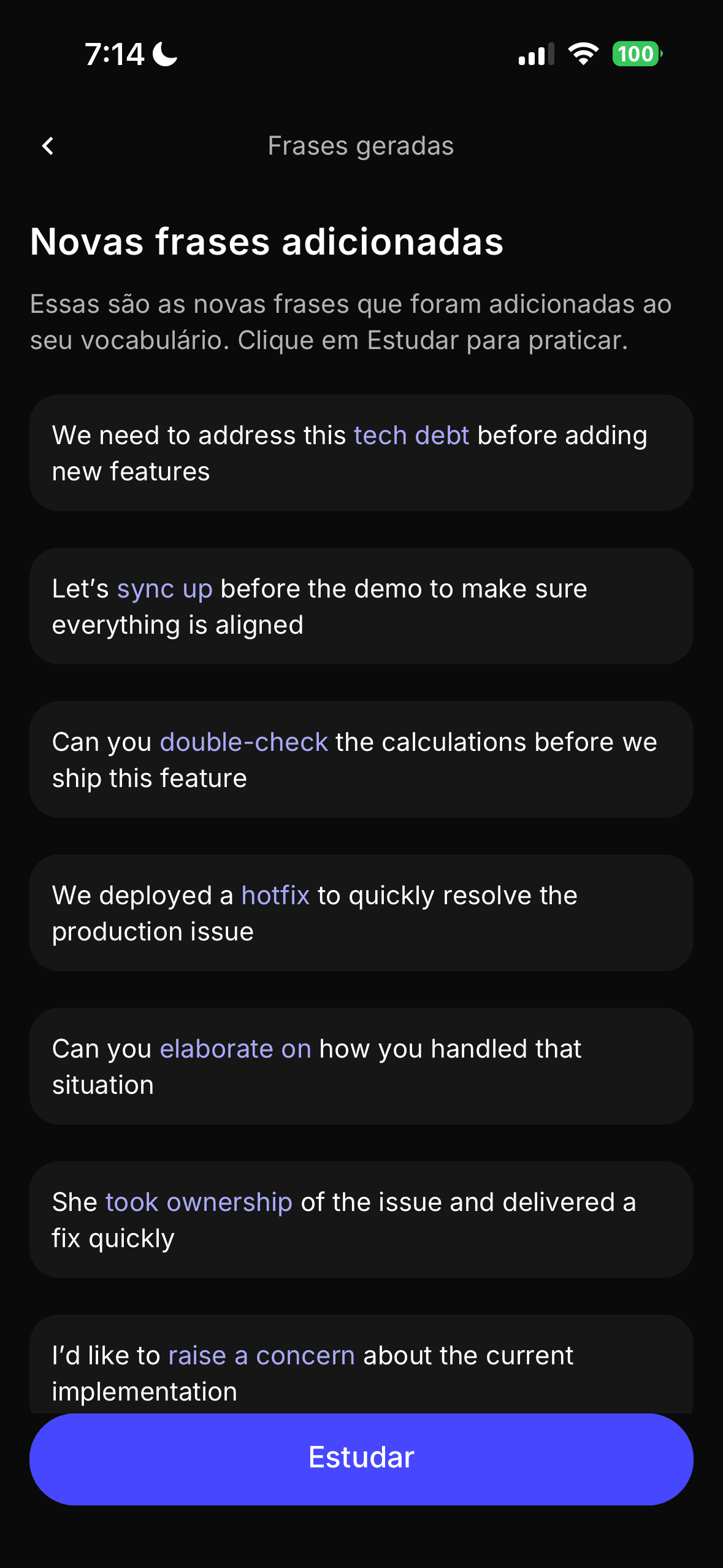 Tela do BitWord com novas frases adicionadas ao vocabulário
