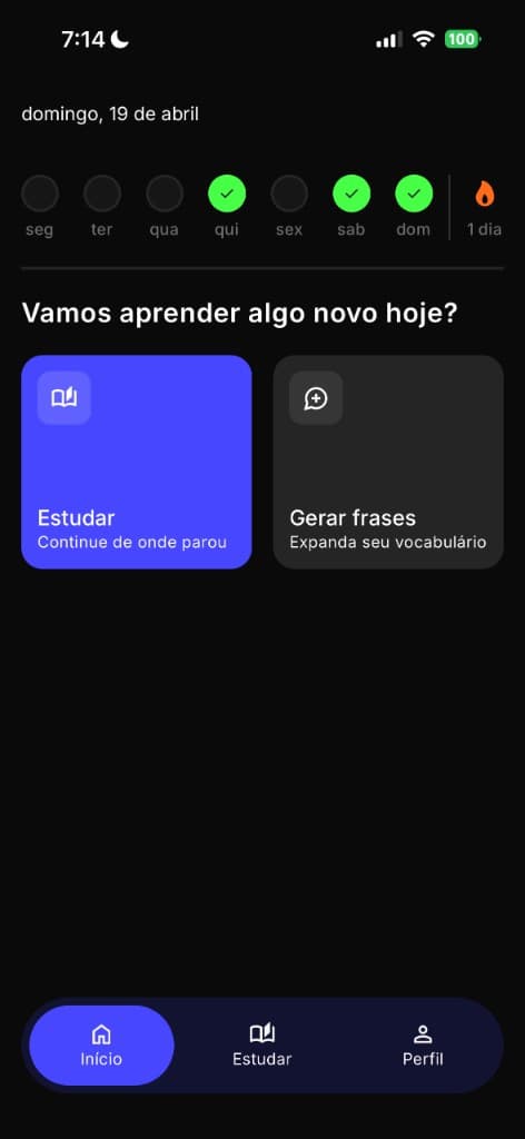 Tela inicial do BitWord com sequência de estudos e ações de estudar ou gerar frases